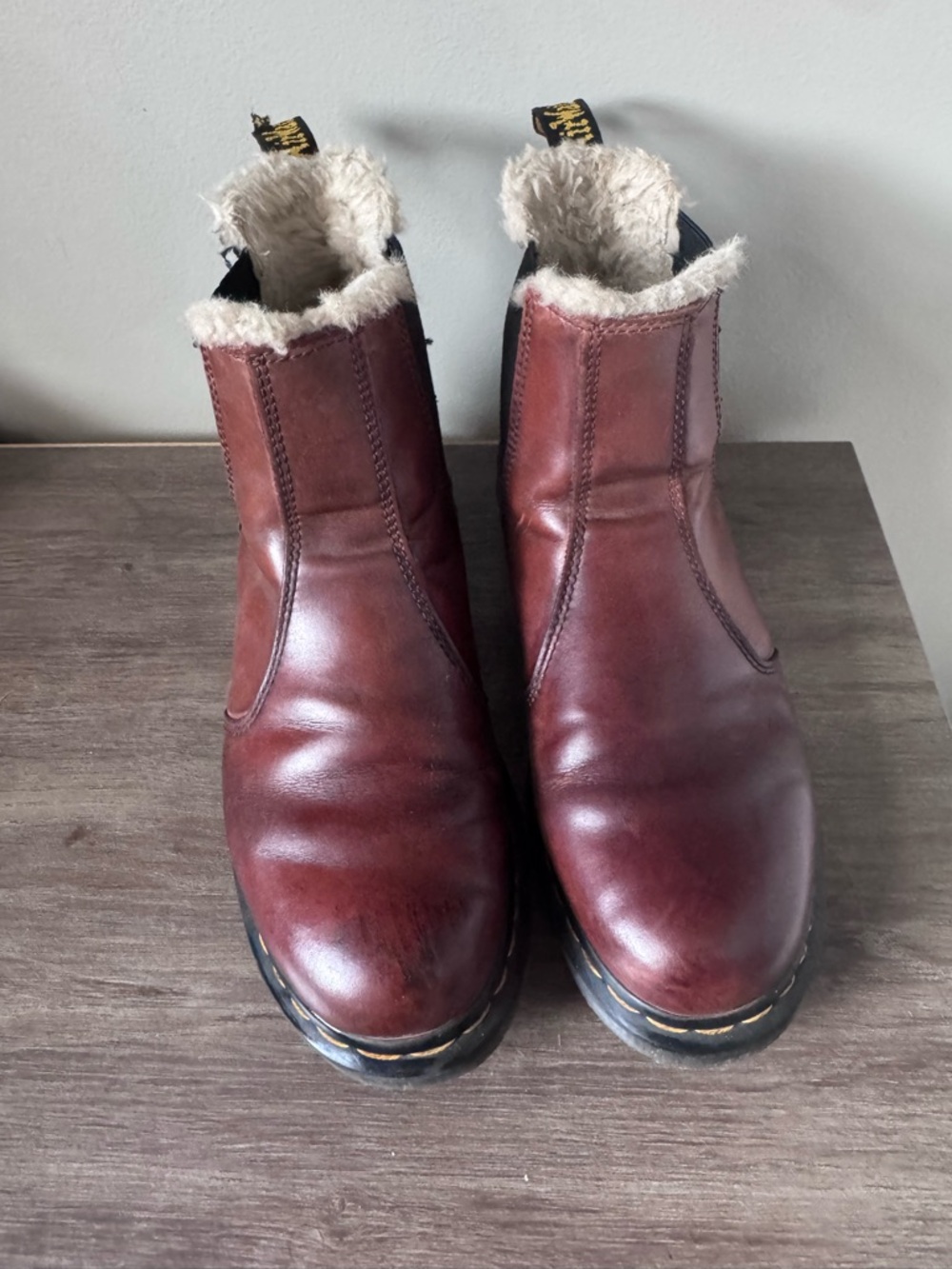 Dr. Martens Men's Burgundy Leather Chelsea Boots with Shearling Collar